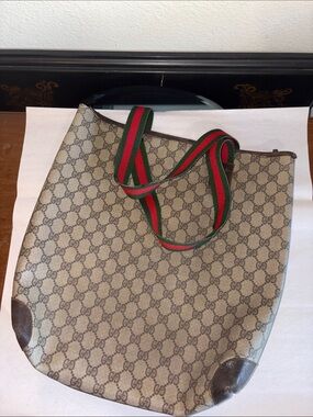 Gucci Brown GG Supreme Tote with Green-Red Web Handles